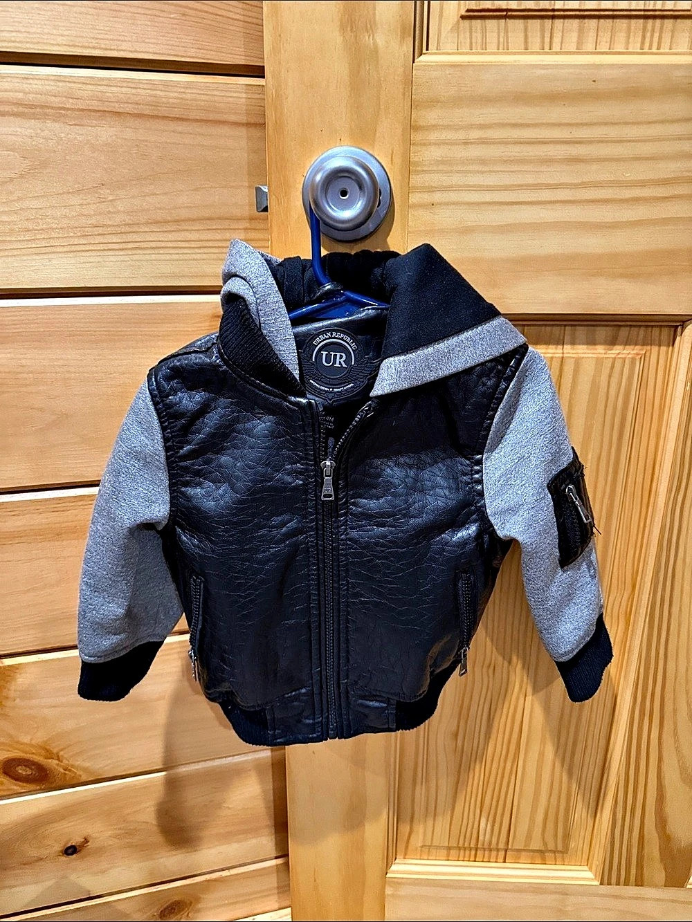 Urban Republic Faux Leather Hooded Bomber Jacket Boys 24M Black & Gray